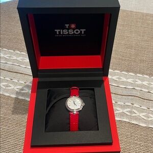 Tissot Ladies Red Leather Strap Silver Dial Watch